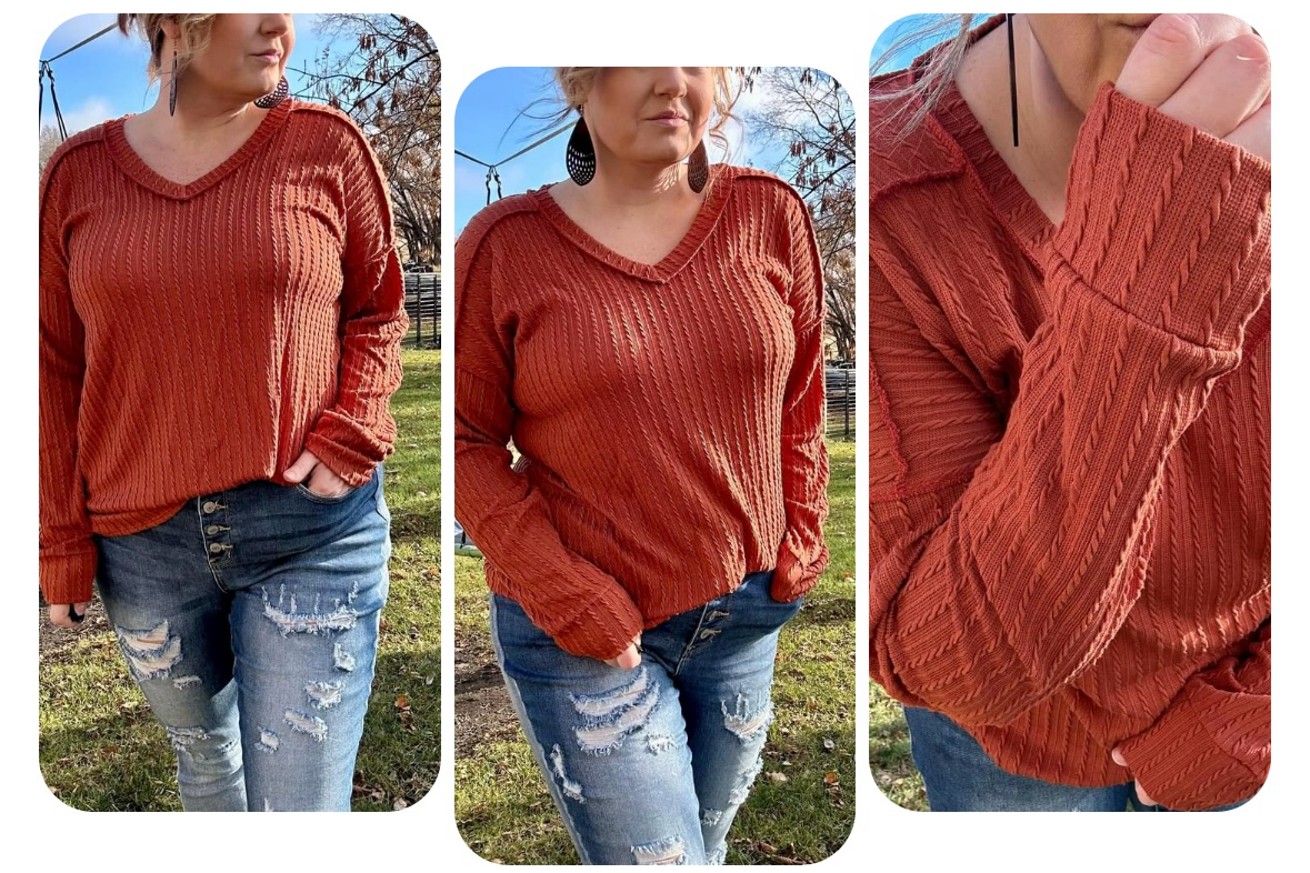 Jacquard Textured V Neck Long Sleeve in Rust