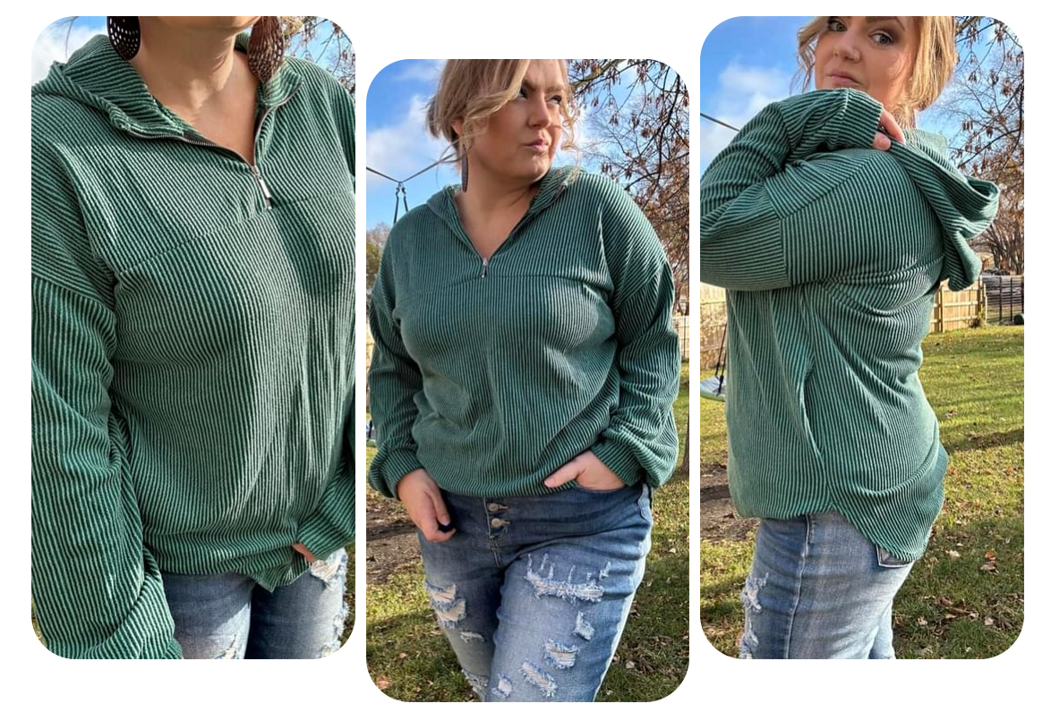 Ribbed Half Zip Hoodie in Hunter Green