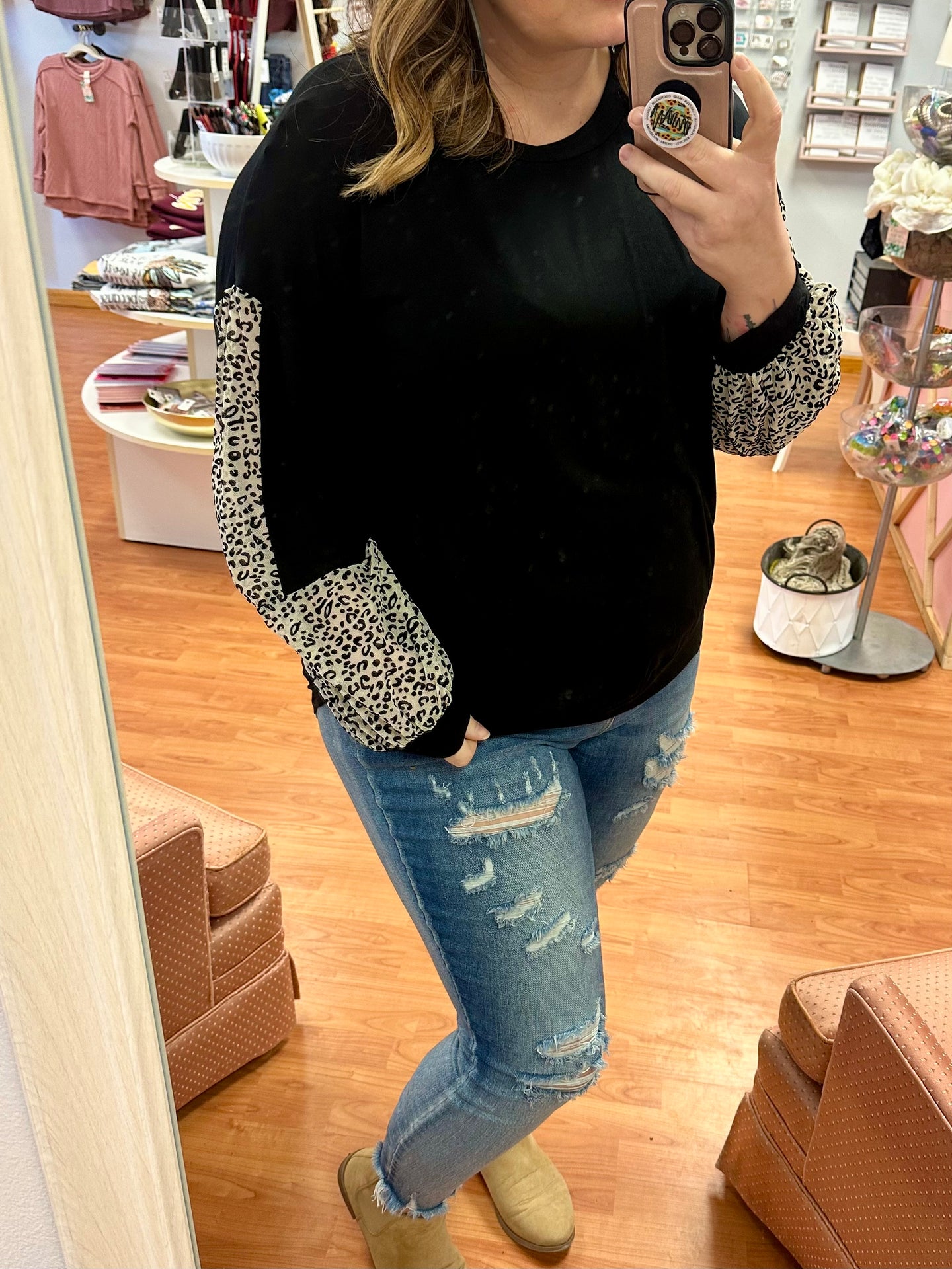 Black w/ Leopard Sleeve Long Sleeve