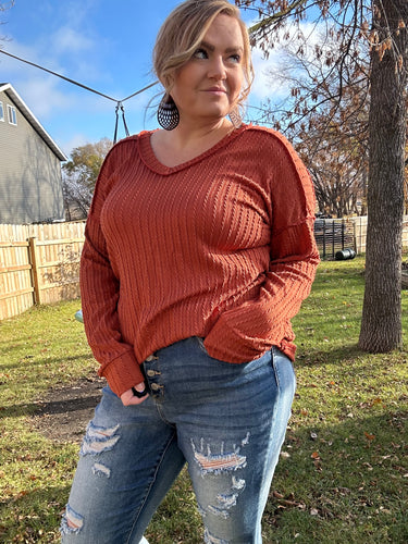 Textured V Neck Long Sleeve in Rust
