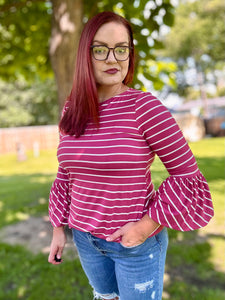 Raspberry Striped Bell Sleeve Top