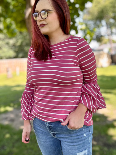 Raspberry Striped Bell Sleeve Top