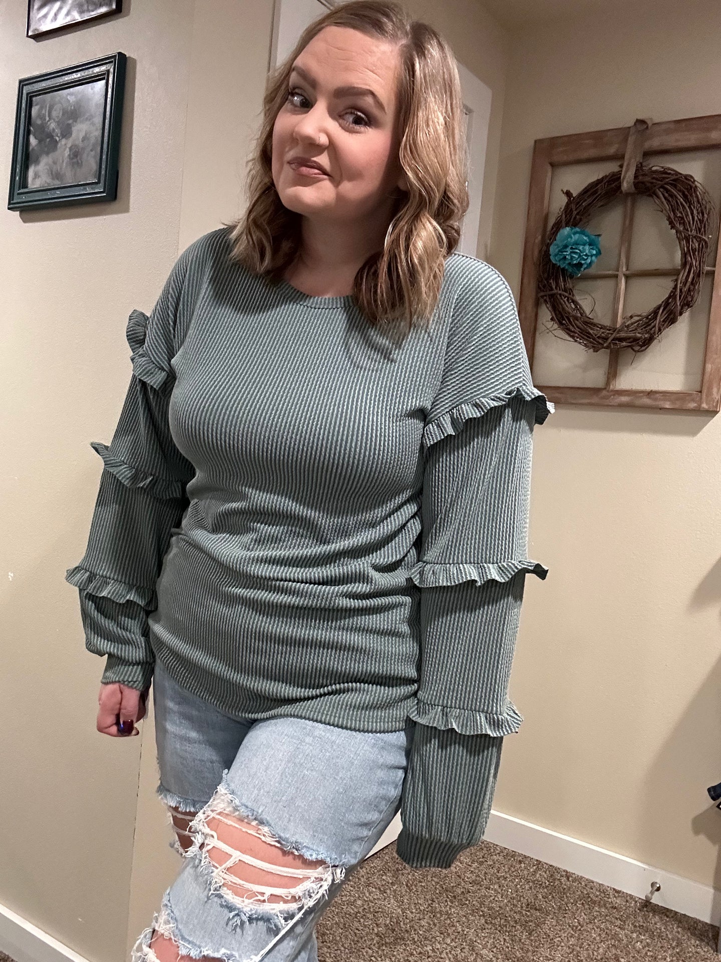 Olive Long Sleeve w/ Ruffle Details