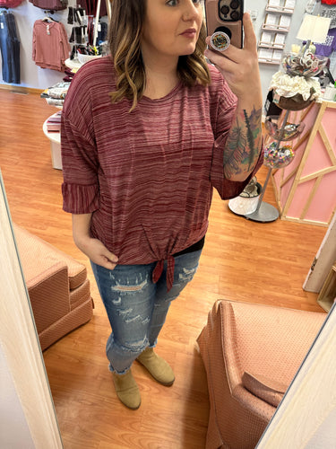 Subtle Stripe Red Tee w/ Ruffle Sleeve