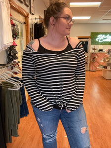 Black and White Striped Cold Shoulder Top