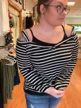 Black and White Striped Cold Shoulder Top