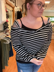 Black and White Striped Cold Shoulder Top