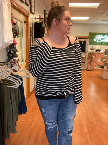 Black and White Striped Cold Shoulder Top