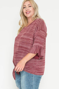 Subtle Stripe Red Tee w/ Ruffle Sleeve
