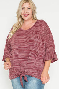 Subtle Stripe Red Tee w/ Ruffle Sleeve