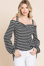 Black and White Striped Cold Shoulder Top