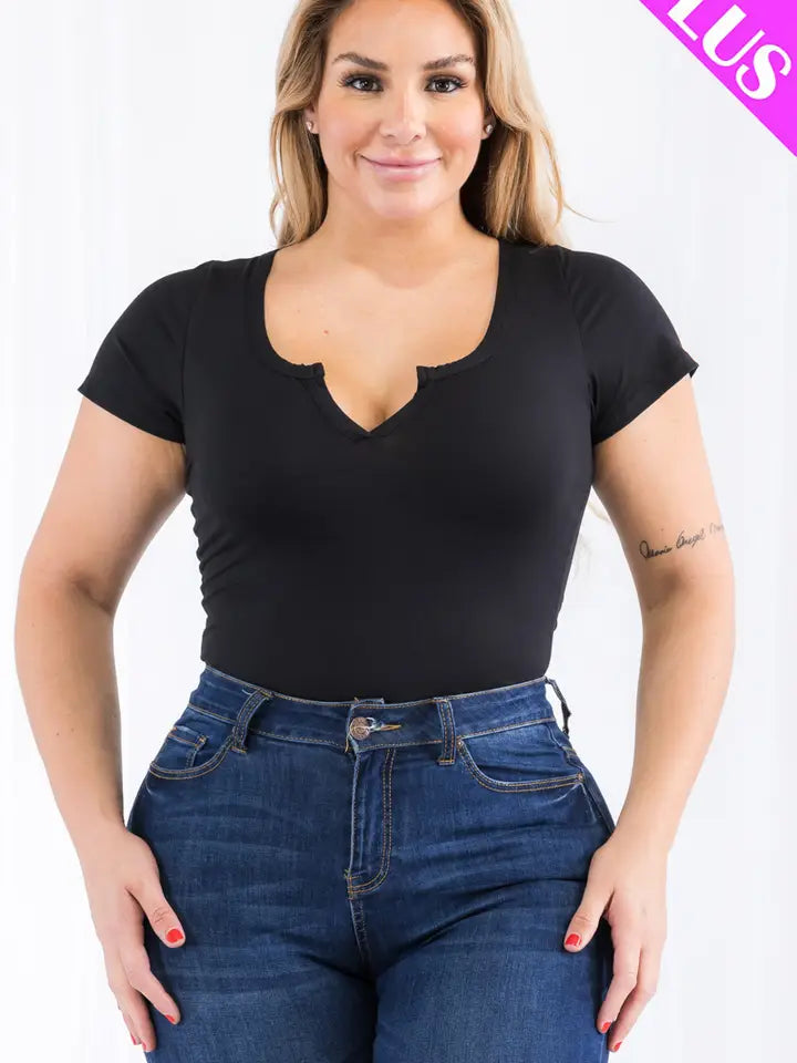 Deep V Neck Bodysuit in Black