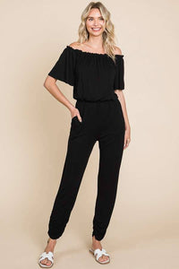 Black Lightweight Off Shoulder Jumpsuit