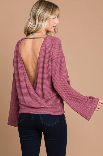 Open Back Bell Sleeve Top in Dark Rose